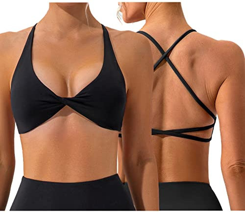 Vertvie Women's Backless Sports Bra Gym Yoga Cross Back Strappy Sports Bra Padded Open Back Low Impact Fitness Workout Crop Tank Tops Black M