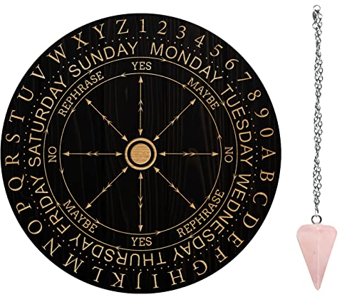 AHANDMAKER Planche de Pendule de sorcière, 7.8'' Métaphysique de Divination Radiesthésie Planche en Bois Sculpté avec Un Cristal Collier Planche à Pendule Ronde kit Fournitures D'Autel, Constellation