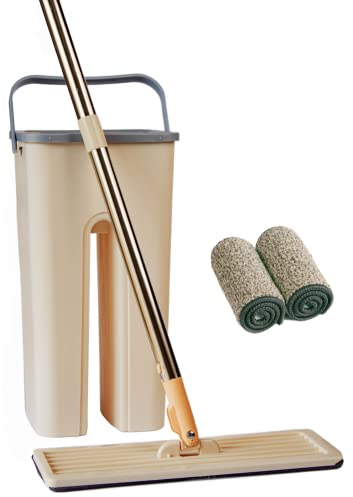 Mopa Fregona con Cubo Escurridor Plana Doble Compartimento Escurre fácil para Limpieza Suelos Azulejo Madera Ergonómico Atrapa Polvo Ventanas Mop Bucket Set Trapeador 2 Gamuzas Paños Reutilizables