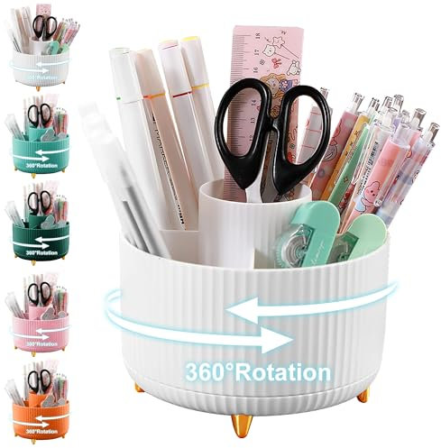 Cayxenful Organisateur De Bureau Rotatif à 360°,Pot A Crayon avec 5 Compartiments,Organiseur De Papeterie pour Le, l'école, Les Crayons A Domicile (Blanc)