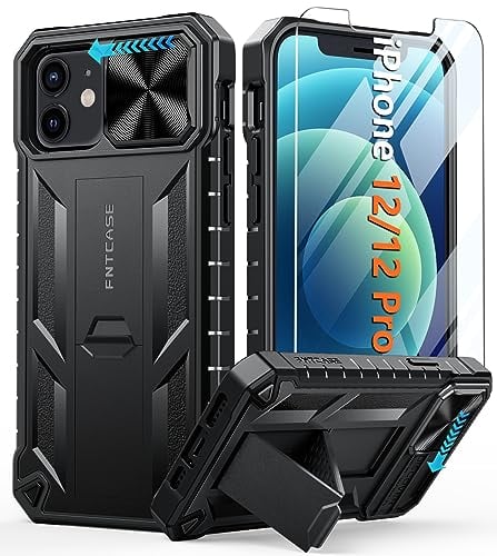 FNTCASE for iPhone 12 Phone Case: Rugged Military Grade Full Protection Shockproof Protective Case with Kickstand | TPU Matte Textured Heavy Duty Hard Bumper Phone Cover for iPhone 12/12 Pro Black