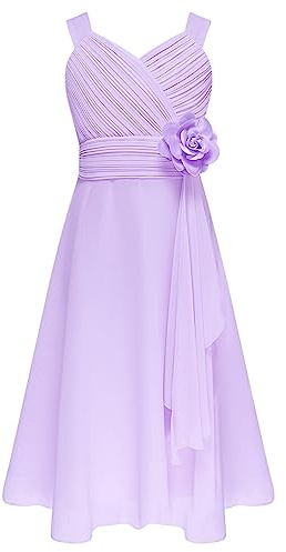 iEFiEL Mädchen Kleider Festlich mit 3D Blumen Herzausschnitt Blumenmädchenkleid Hochzeitskleid Kinderkleid Chiffon Partykleid Sommer Strandkleid A Lavendel 134-140