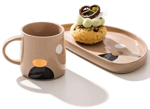 JTBDWOSK Ceramic Soup Cups, Large Cups, Ceramic Soup Cups with Bread Tables, Plate And Bowl Sets for 1 Person, Breakfast Shells with Cracker Holder,Beige