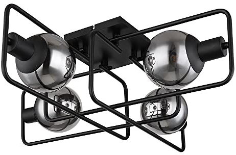 GLOBO LED Deckenleuchte schwarz Industriell Deckenlampe Retro rauchfarben Wohnzimmerleuchte Glas Kugeln, 4x 4W 320lm warmweiß, LxBxH 61x61x20 cm