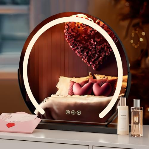 S'AFIELINA Hollywood Vanity Mirror 360° rotation Dressing Table Makeup Mirror with Lights Round ф50cm Touch Screen Control, 3 Colors Dimmable Adjustable Brightness, Black