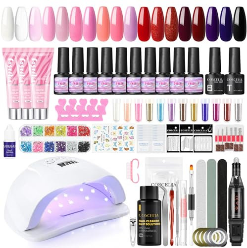 COSCELIA Kit Ongle Gel UV Complet,15pcs Vernis Semi Permanent+3pcs Extension Ongle Gel+Base Coat Top Coat,Kit Vernis Semi Permanent Complet avec Lampe et Ponceuse pour Débutants