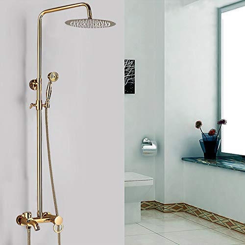 DSYOGX Robinet de douche doré en laiton - Douche à effet pluie - Barre de douche réglable en hauteur de 80 à 120 cm - Rétro - Pour salle de bain