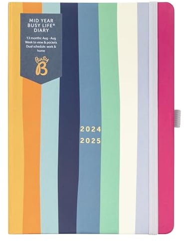 Busy B - Mid-Year Busy Life Terminkalender ab August 2024 bis August 2025 - Streifen - Taschenformat Wochenansicht A5 Terminkalender mit Stifthalter, elastischer Verschluss und Steckfächer