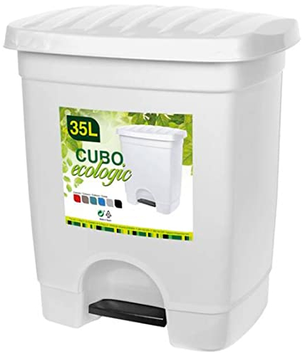 AC - Cubo de Basura Ecológico 35L - Plástico resistente - 1 compartimento y pedal - Contenedor de residuos, papelera reciclaje - Fabricado en España (Blanco - 45 x 39 x 31 cm)