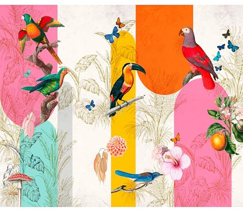 murando Fototapete Premium-Vlies Vintage Dschungel 500x350cm Vlies Tapeten Wandtapete XXL Wanddeko Mustertapete Design Wand Dekoration Büro Papagei Tropical Palmenblätter Helle Pflanzen b-C-10378-a-b
