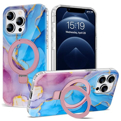 ETPESOK Compatible with iPhone 12/12 Pro Case Marble Pattern with Magnetic Ring Stand [Compatible with Mag-Safe] TPU Protective Phone Case for iPhone 12/12 Pro 6.1, Marble Purple Blue