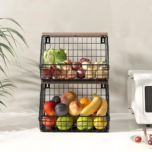 Gemsaya Obstkorb Hängend 2 Etagere Obstkorb, 2 Stück Hängekorb Obstkorb Küche mit Holzdeckel und 4 Haken, Wand Stapelbar Metall Obst Gemüse Zur Aufbewahrung Von Obst Gemüse Snacks, Schwarz