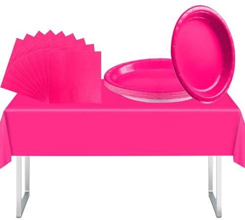 37Pc Hot Pink Party Tableware Set with Plastic Table Cloths, Paper Plates and Napkins for Kids Adult Birthday Party