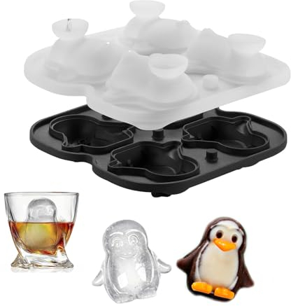 Ice Cube Tray,Small Penguin Ice Cube Mould Silicone 4 Grids 3D Novelty Cute Penguins Ice Cube Molds with Lid for Gin Glasses Whiskey Scotch Cocktail Liqueur Glasses Black