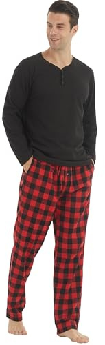 BEGIANT Pigiama invernale da uomo con maglia Henley termica a maniche lunghe e pantaloni a quadri in flanella in micropile pigiama da uomo