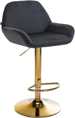 CLP Tabouret De Bar Braga Housse en Velours avec Cadre Doré, Réglable en Hauteur Et Rotatif À 360°, Chaise De Bar avec Repose-Pieds, Couleur:Noir
