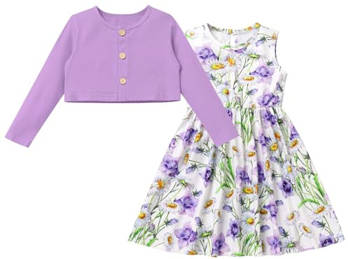 Odizli Abito a maniche lunghe per bambini e bambine, senza maniche, con motivo floreale, linea A, Lilla, 2-3 Anni