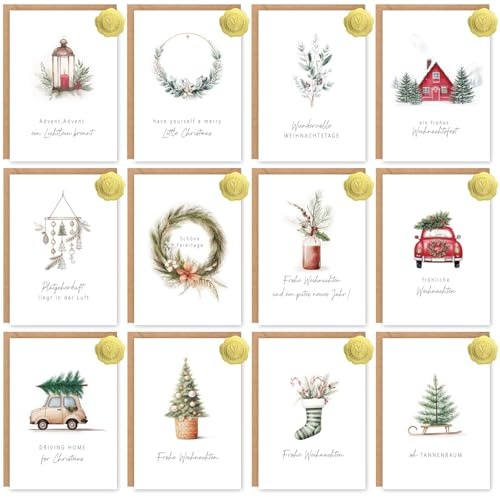 Sugeru Weihnachtskarten mit Umschlag Set 12 Stück - A6 Weihnachtskarten mit Aufklebern - Klappkarten Weihnachtskarte - Weihnachtskarten Set mit leeren Innenseiten - Weihnachtsillustration Grußkarten