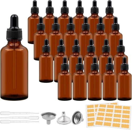 Malloom 30 Pcs Mini Dropper Bottles Bulk, 30ml Amber Glass Bottle with Glass Pipette, Refillable Essential Oils Bottles for Perfumery Aromatherapy Laboratory - Come with Funnel & Labels