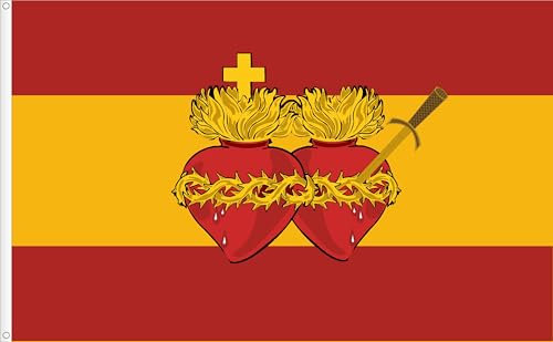 BANDERA DE ESPAÑA SAGRADO CORAZON DE JESUS Y MARÍA. RASO PREMIUM 110 GR. TAMAÑO GRANDE 150X91