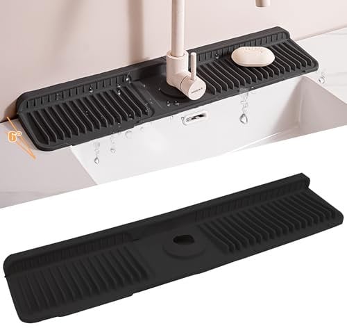 Volminex 6° Slope Kitchen Sink Splash Guard Mat, Silicone Faucet Mat Foldable, Faucet Handle Drip Catcher Tray, Draining Pad Around Tap for Kitchen Bathroom (Black, 60 x 14 cm)