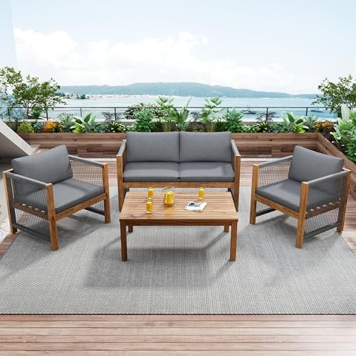 Gegtuon Gartenmöbel Sitzgruppe 4-teilige für Garten für 4 Personen, Möbel Outdoor Lounge mit Couchtisch & Stühle für Balkon, Gartenlounge mit Tisch & Sofa, Essgruppe aus Holz mit Sitzkissen (Grau)