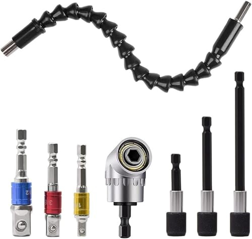 8 Stück Winkelschrauber Set,105°Winkelschrauber, 1/4 Sechskantschaft Verlängerungsstange,295mm Flexible Schaft Bits Bohrer Verlängerung,Multifunktions-Steckschlüssel-Adapter für akkuschrauber, Bohre