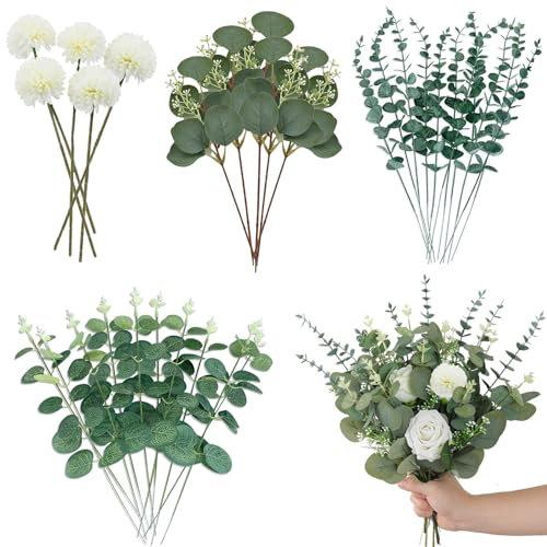ZYETGH 30PCS Artificial Eucalyptus Stems and Hydrangea Flowers, Mixed Artificial Eucalyptus Leaves Faux Greenery Branches Plants for Diy Bridal Bouquet Wedding Decoration