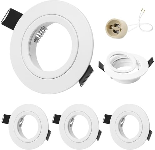 GeyouLux 4er Einbaustrahler GU10 Rahmen Weiß, feststehend, Loch 68-75mm | Aluminium Einbaurahmen, Ø80mm rund flach, seidenmatt Weiß, mit 230V GU10 Fassung, bis 50W, für innen, ohne Leuchtmittel