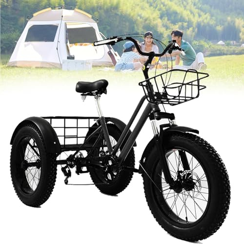 WhFKLca 20-Zoll-Fatbike-Dreirad für Erwachsene, 7-Gang-Dreirad, 4,0-Zoll-Reifen, Cruiser-Dreirad mit Einkaufskörben und Schutzblechen, für tägliche Fahrten, Einkäufe und Warentransport Black