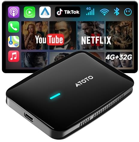 ATOTODIRECT CarPlay Wireless Adapter Android Auto, 3-in-1-Auto-Video AI Box für OEM-Kabel-CP/AA, 4G+32G, Dual WLAN & Bluetooth IoT Hub, für Netflix/YouTube/TF-Karte, DriveChat AI Voice, CB4B