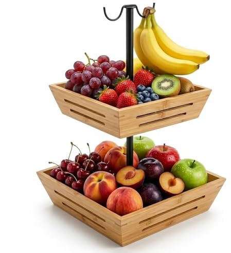 G.a HOMEFAVOR Fruit Basket 2-Tier Bamboo Fruit Bowl with Banana Hanger, Vegetables Storage Rack Kitchen Countertop Organizer for Holding Snacks