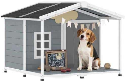 PawHut Hundehütte Wetterfestes Hundehaus Holz 103 x 107 x 83,5 cm Grau | Erhöhte Hundehöhle, Aufklappbares Asphaltdach, Terrasse, Fenster, Outdoor Hütte, für Mittelgroße Hunde bis 20 kg