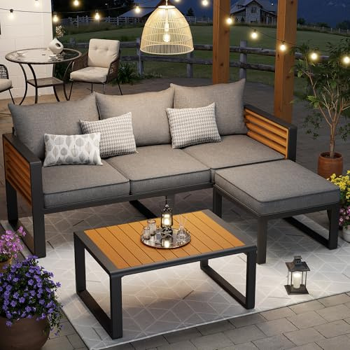 xixiworkshop Gartenmöbel Lounge Set,Outdoor Sofa für 3-4 Personen,Terassenmöbel mit Großes Sofa 1 Hocker und 1 Couchtisch,für Garten, Terrasse und Balkon,Grau