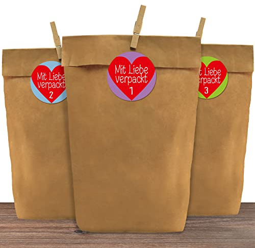 24 Adventskalender Kraftpapiertüten mit 24 weihnachtlichen Aufkleber-Zahlen „Mit Liebe verpackt“ zum Verschließen für den Adventskalender zum Basteln und Befüllen