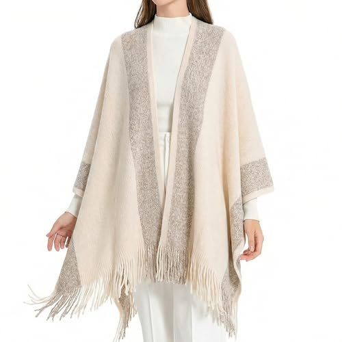 ZLYC Women's Shawl Golden Trim Knit Blanket Wrap Fringe Poncho Coat Cardigan