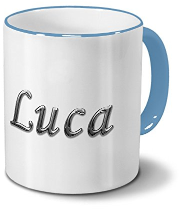 printplanet Tasse mit Namen Luca - Motiv Chrom-Schriftzug - Namenstasse, Kaffeebecher, Mug, Becher, Kaffeetasse - Farbe Hellblau
