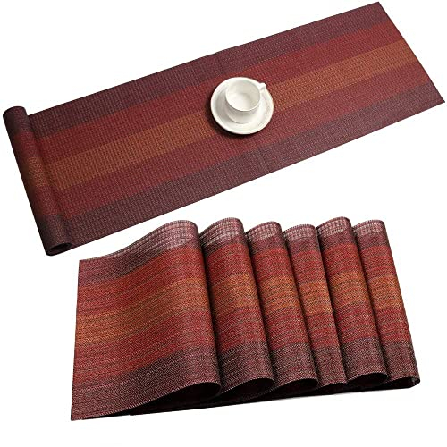 Tischsets mit Tischläufer-Set, waschbar, Vinyl, gewebt, isoliert, hitzebeständig, Küchentischmatten für Familienessen, Partys im Freien oder im Innenbereich, Weihnachten und Treffen (bunt, rot)
