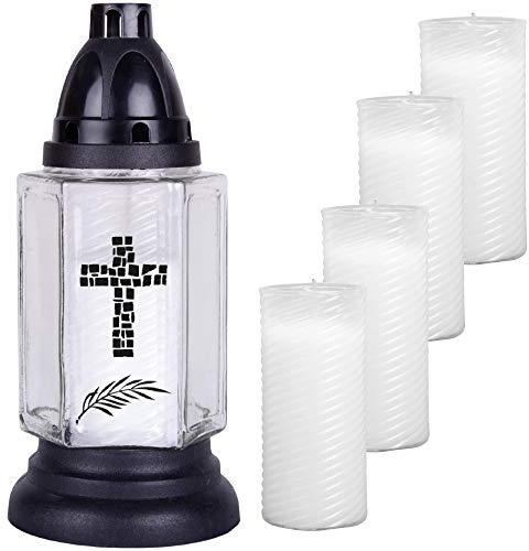 HS Candle Grableuchte aus Glas (24cm) mit Kreuz inkl. 5 Nachfüllkerzen - Design Brava weiß
