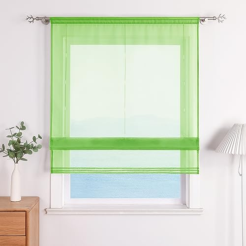 ESLIR Raffrollo Küche Raffgardine mit Tunnelzug Bändchenrollo Weiß Voile Gardinen Transparent Grün BxH 120x155cm 1 Stück