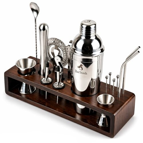 BarStash Premium Barkeeper-Set: 17-teiliges Werkzeug-Set mit Bambus-Ständer - perfektes Bar-Cocktail-Shaker - Bargeschirr mit Edelstahl-Trinkhalmen für ein tolles Mix-Erlebnis, Rezept-E-Book enthalten