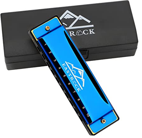 EastRock Harmonica Diatonique en Do, 20 Tones, 10 Trous pour Débutant Étudiants avec Étui Chiffon de Soin Cadeau (10 Trous, Bleu)
