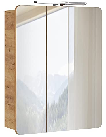 Lomadox Badmöbel Spiegelschrank 60 cm, LED-Beleuchtung, Wotan Eiche Nb. Nb, 2-türig, B/H/T ca. 60/75-80/16 cm