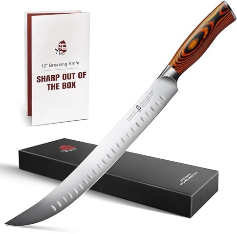 TUO Butcher Knife - 12 Inch Breaking Butcher s Knives Curved Granton Edge Carver Slicing Knife Long Meat Veggies Cleaver - German HC Steel Comfortable Pakkawood Handle - Fiery Series Gift Box Included