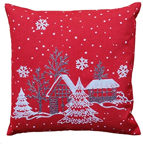 Raebel OHG Kissenbezug, Bestickt, Winterdorf, Weihnachtsbaum, Dekoration, weiß, 40 x 40 cm