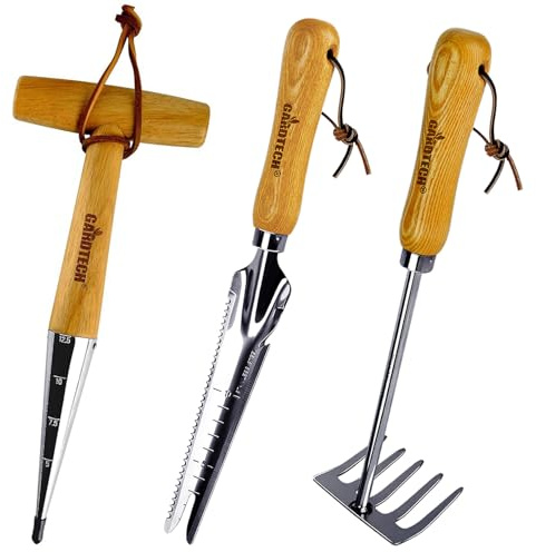 Gardtech Gartenwerkzeug-Set, hergestellt aus echtem Eschenholzgriff und dickem Edelstahl, 3-teilig, inklusive Garten-Handkelle, Umpflanzung, Kultivator, Gartengeschenke für Gärtner