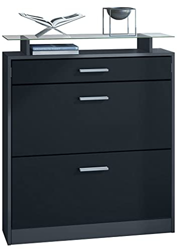 Vladon Schuhschrank Loret, Schuhkipper für 16 Paar Schuhe mit 2 Klappen, 1 Schublade und Glasablage, Anthrazit matt/Schwarz matt, (89 x 104 x 23 cm).