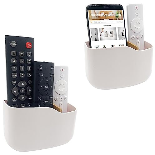 SUNFICON Wall Mount Remote Control Holder 2 Pack Adhesive Media Player Controller Holder Universal TV Remote Organiser Caddy Box Hollow Bottom Easy Phone Charging Home Office Desk Nightstand White