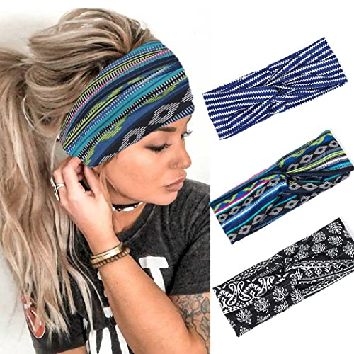 Zoestar Boho-Stirnbänder mit überkreuzten Streifen, Yoga-Kopftücher, gedrehtes Bandeau-Kopfband, Vintage, stilvolle Haarbänder, elastisch, modisches Haar-Accessoire für Damen und Mädchen (3 Stück)