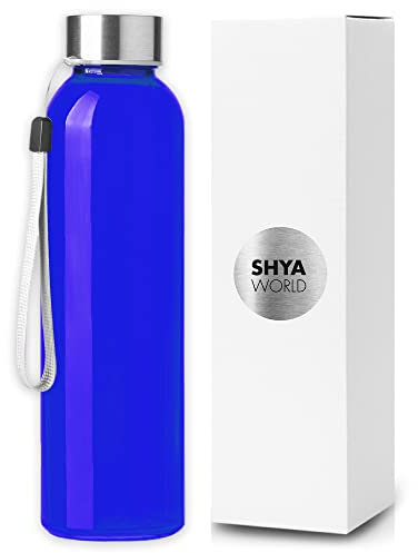 ShyaWorld Glasflasche mit Kordelzug, 500 ml, transparent, Schraubverschluss aus Edelstahl, Einzelschachteln pro Flasche (1 Stück, blau)